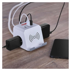 Prodlužovací kabel - kostka 2 m / 2 zásuvky / bílý / 2×USB-A + 1×USB-C+Qi / 1,5 mm2