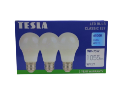 Tesla - LED žárovka BULB E27, 9W, 230V, 1055lm, 25 000h, 6500K studená bílá, 220st 3ks v balení