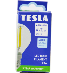 Tesla - LED žárovka miniglobe FILAMENT RETRO E14, 4W, 230V,470lm,25 000h, 4000K denní bílá, 360st, čirá