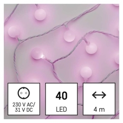 LED světelný cherry řetěz – kuličky 2,5 cm, 4 m, venkovní i vnitřní, růžová, časovač