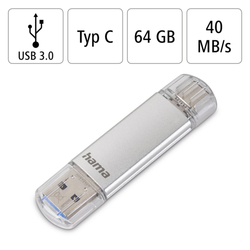 Hama Flash Pen Laeta, USB-C/USB-A 3.1, 64 GB, 40 MB/s, stříbrný