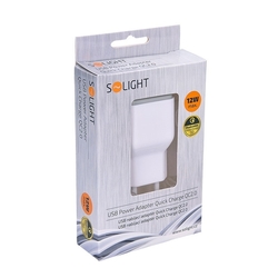 Solight USB nabíjecí adaptér, fast charge: 1x USB Qualcomm, 5V2A/9V1.5A/12V1A, AC 230V, bílošedý